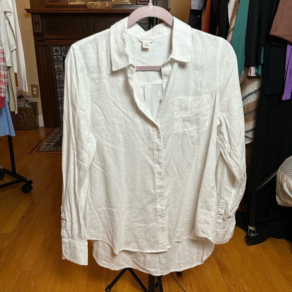 Caslon Linen Blend Button-Up Shirt White Long Sleeve Women’s - Picture 3 of 5